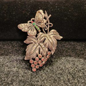 Vintage Art Deco Pot Metal Brooch with Red & Green Rhinestones